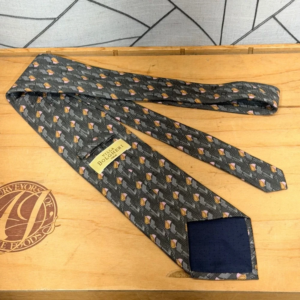 Villa Bolgheri Italia Mens Silk Necktie‎ Grey Pink Gold Geometric Made in Italy